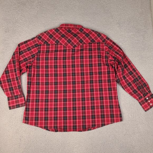 Wrangler Western Shirt Mens 2XL Red‎ Plaid Pearl Snap Flap Pockets Cowboy - Picture 2 of 15